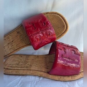 Tory Burch Red Patent Leather Logo Flat Sandals